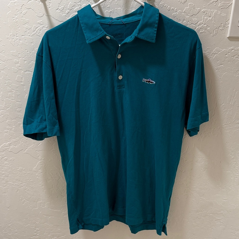 Patagonia Men's Deep Teal Fish Polo Shirt - Medium